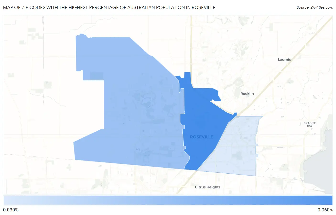 Zip Codes with the Highest Percentage of Australian Population in Roseville Map