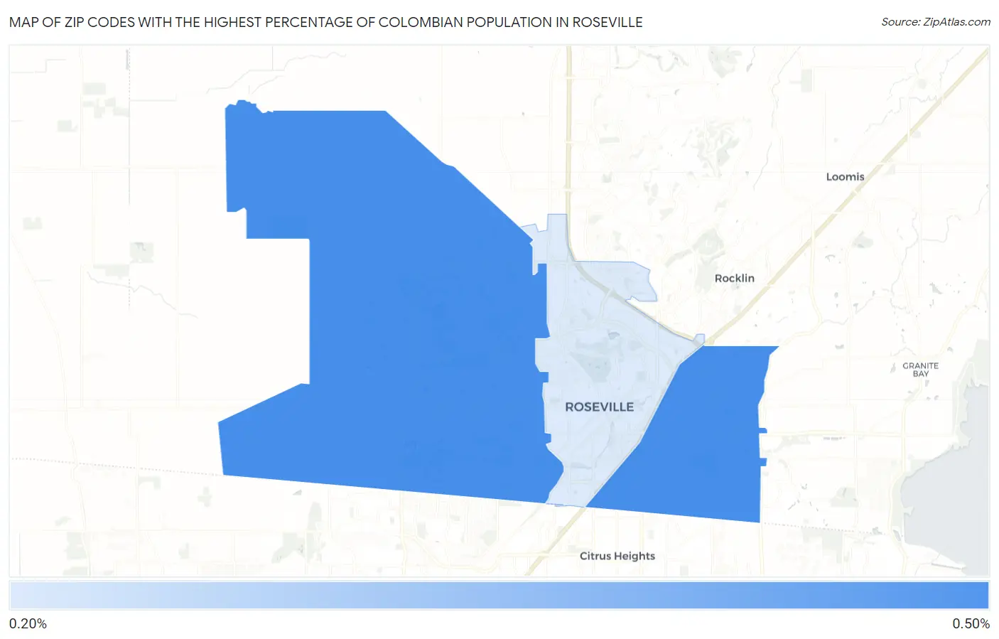 Zip Codes with the Highest Percentage of Colombian Population in Roseville Map