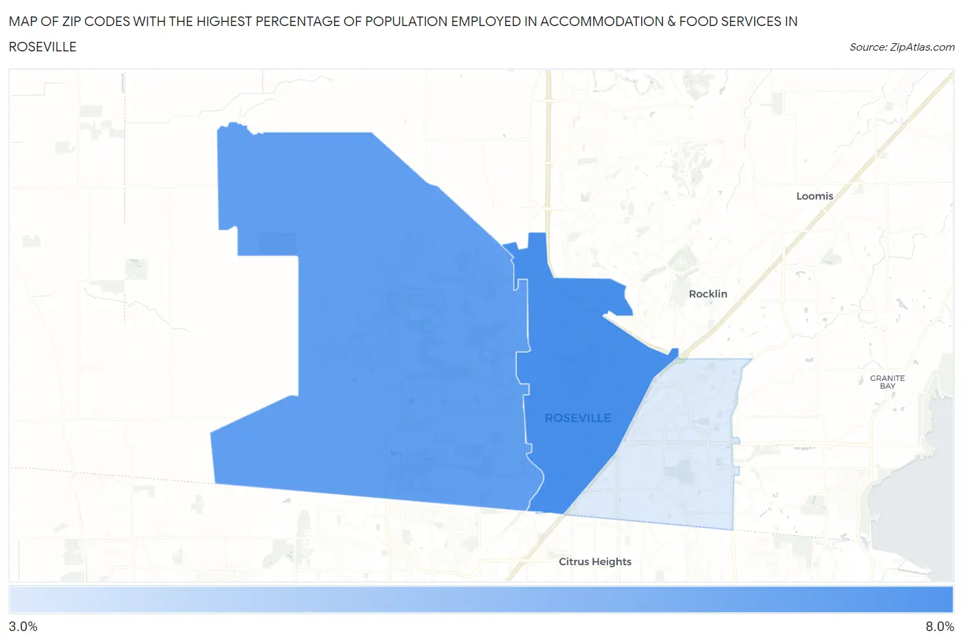 Zip Codes with the Highest Percentage of Population Employed in Accommodation & Food Services in Roseville Map