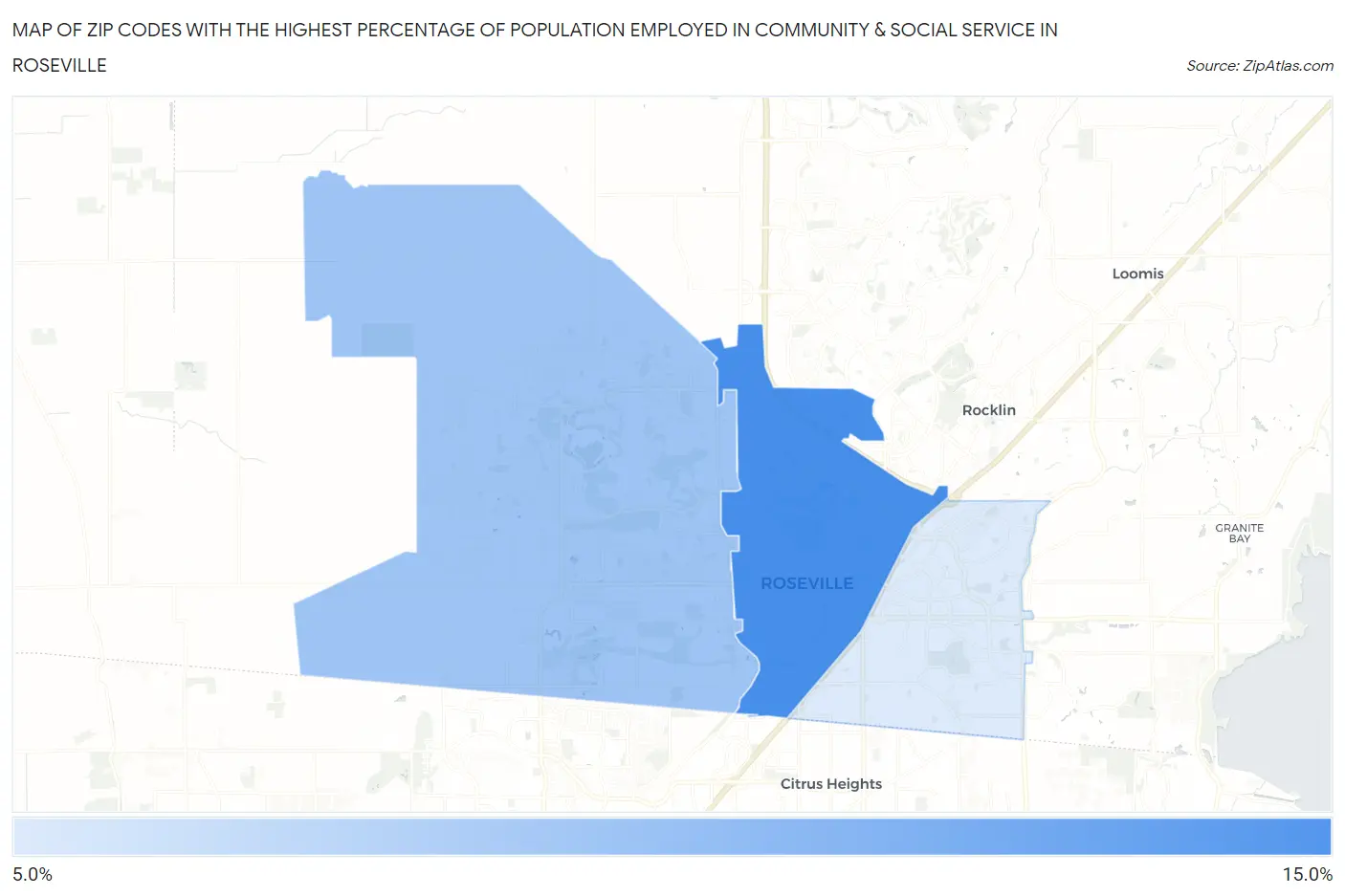 Zip Codes with the Highest Percentage of Population Employed in Community & Social Service  in Roseville Map