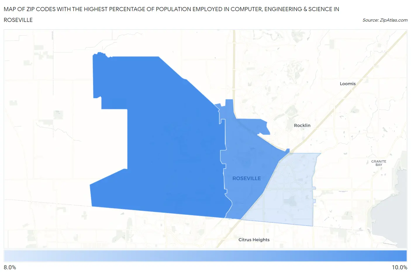 Zip Codes with the Highest Percentage of Population Employed in Computer, Engineering & Science in Roseville Map