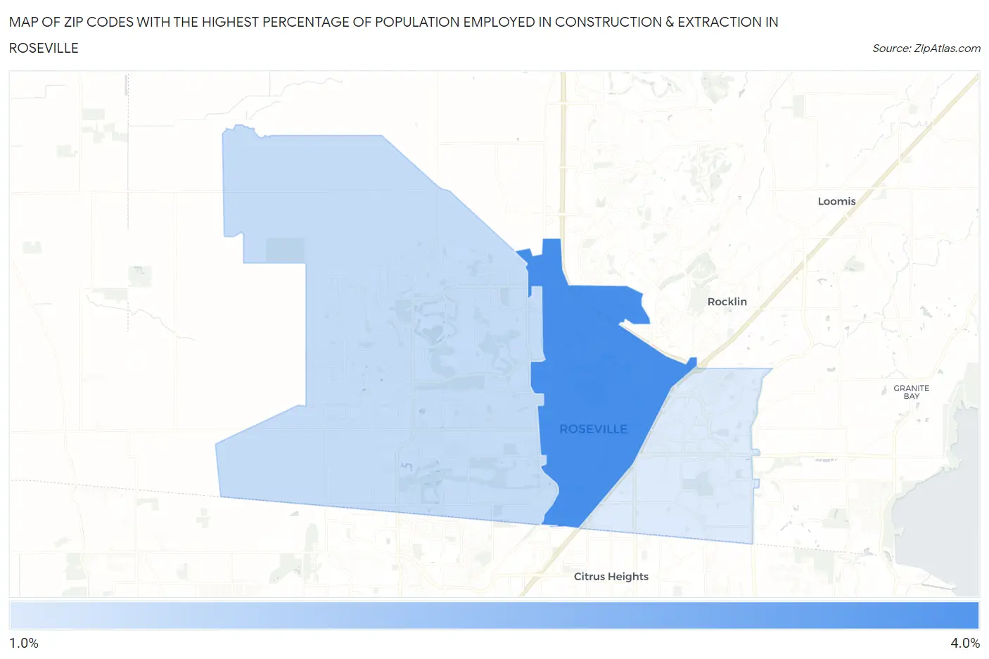 Zip Codes with the Highest Percentage of Population Employed in Construction & Extraction in Roseville Map