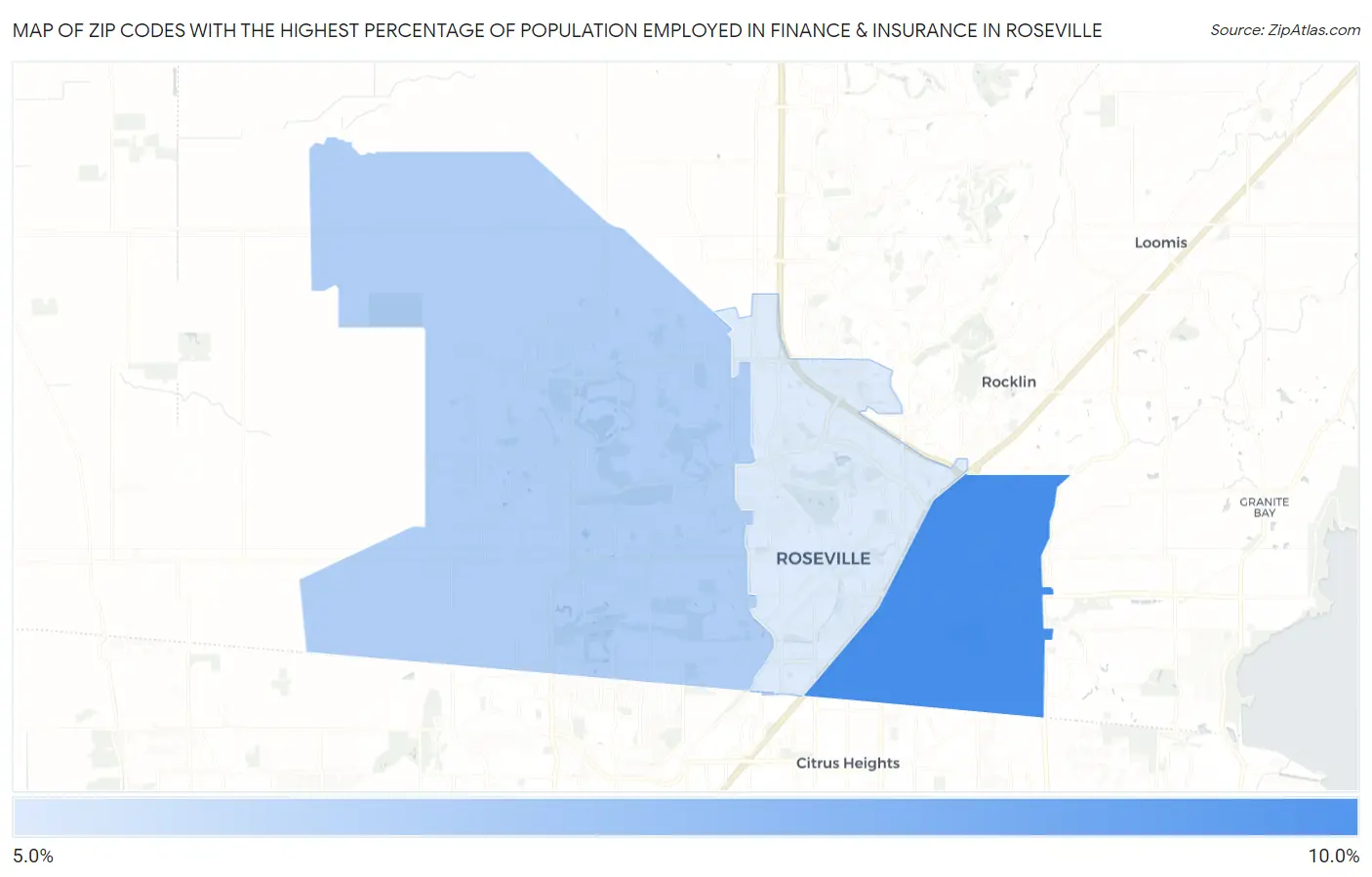 Zip Codes with the Highest Percentage of Population Employed in Finance & Insurance in Roseville Map