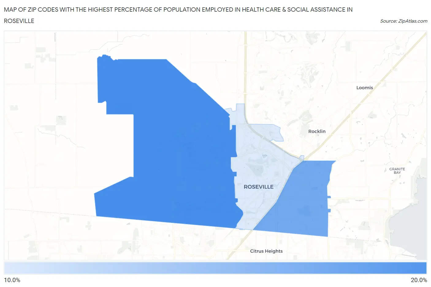 Zip Codes with the Highest Percentage of Population Employed in Health Care & Social Assistance in Roseville Map