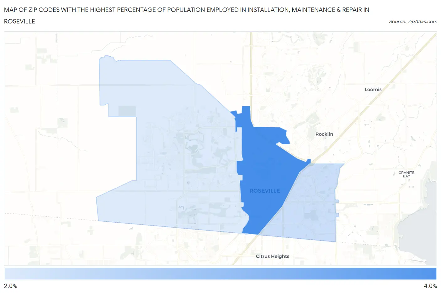 Zip Codes with the Highest Percentage of Population Employed in Installation, Maintenance & Repair in Roseville Map