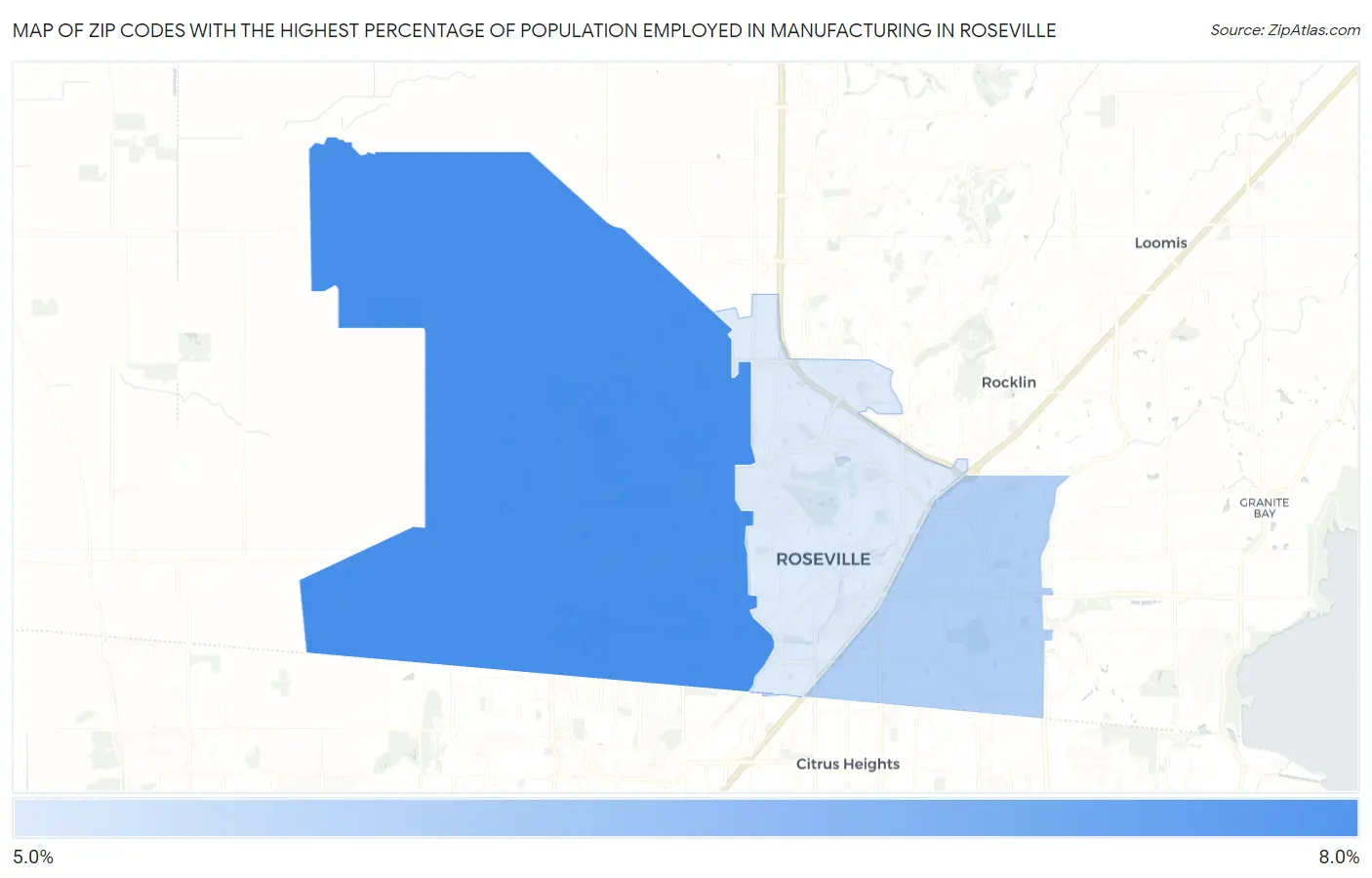 Zip Codes with the Highest Percentage of Population Employed in Manufacturing in Roseville Map
