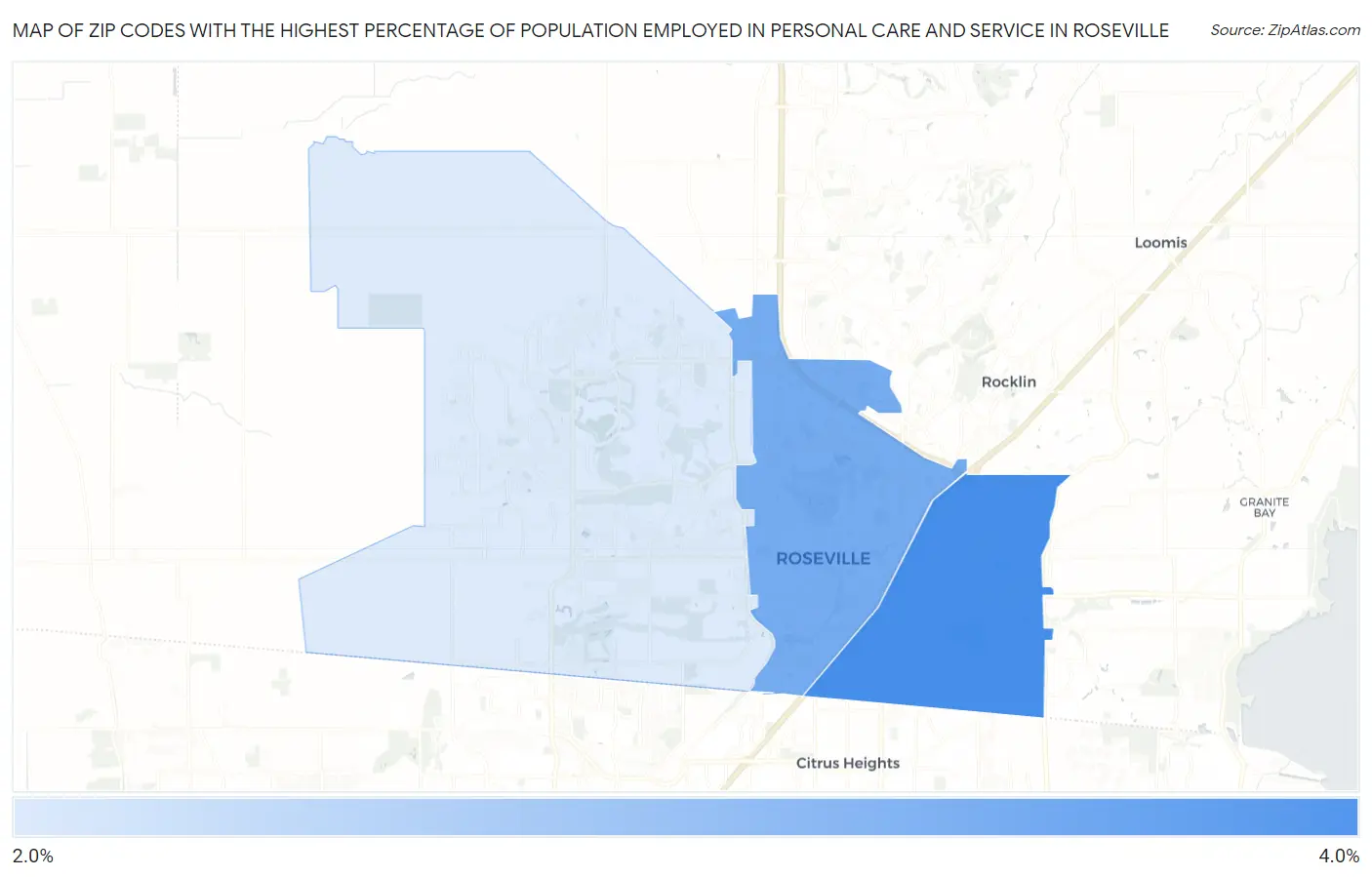 Zip Codes with the Highest Percentage of Population Employed in Personal Care and Service in Roseville Map