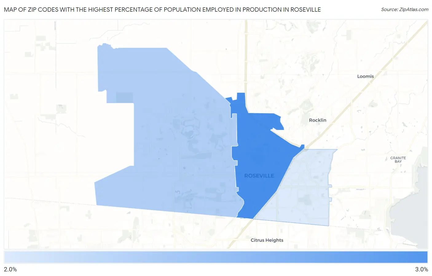 Zip Codes with the Highest Percentage of Population Employed in Production in Roseville Map