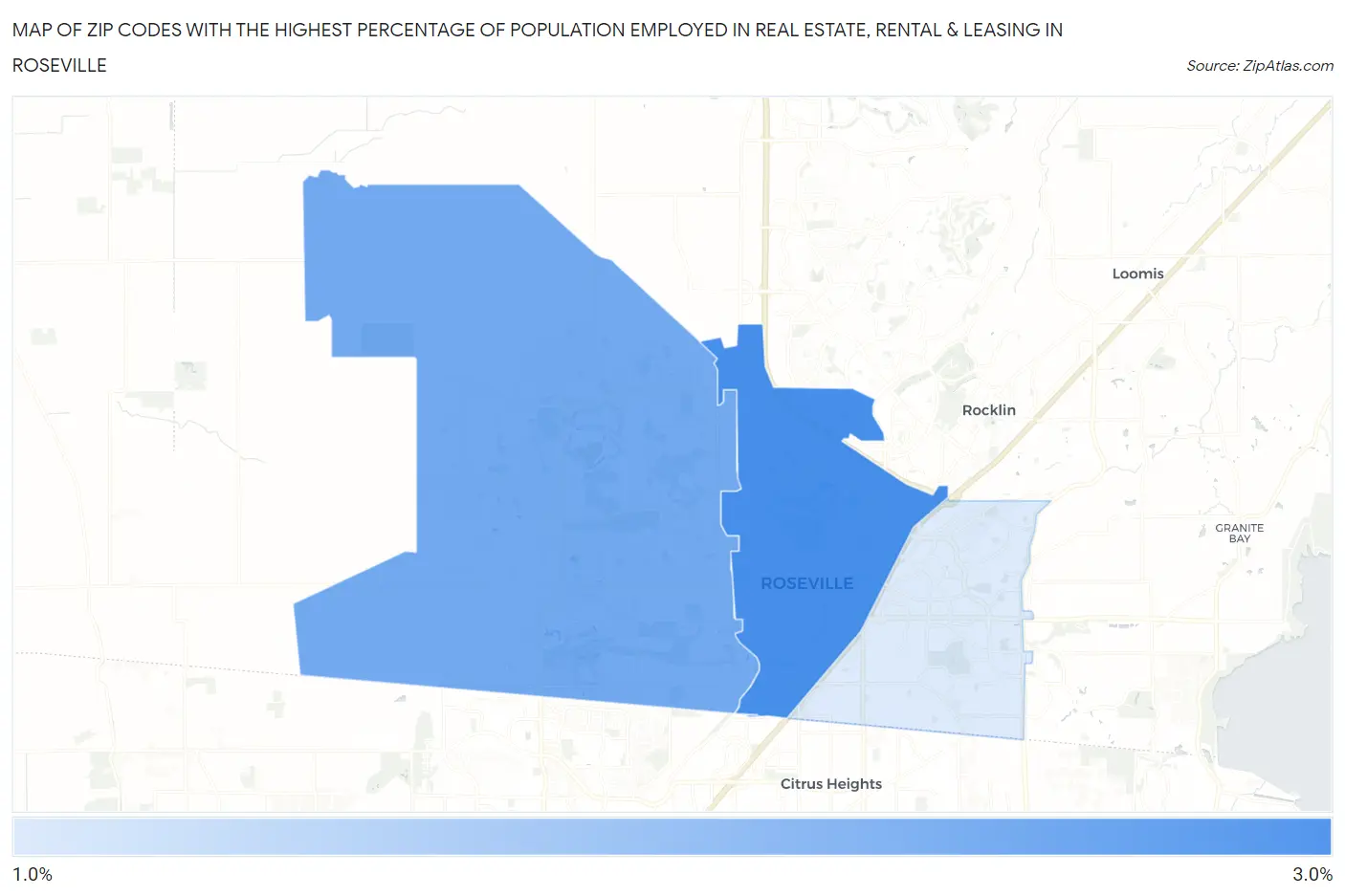 Zip Codes with the Highest Percentage of Population Employed in Real Estate, Rental & Leasing in Roseville Map