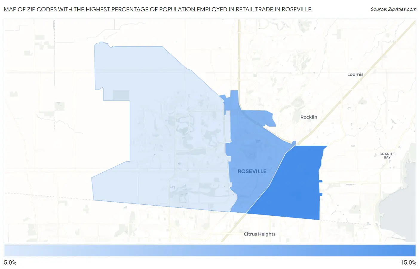 Zip Codes with the Highest Percentage of Population Employed in Retail Trade in Roseville Map
