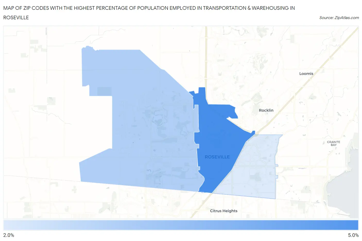 Zip Codes with the Highest Percentage of Population Employed in Transportation & Warehousing in Roseville Map