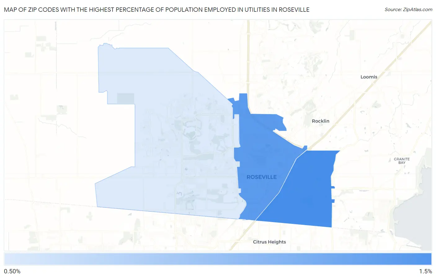 Zip Codes with the Highest Percentage of Population Employed in Utilities in Roseville Map