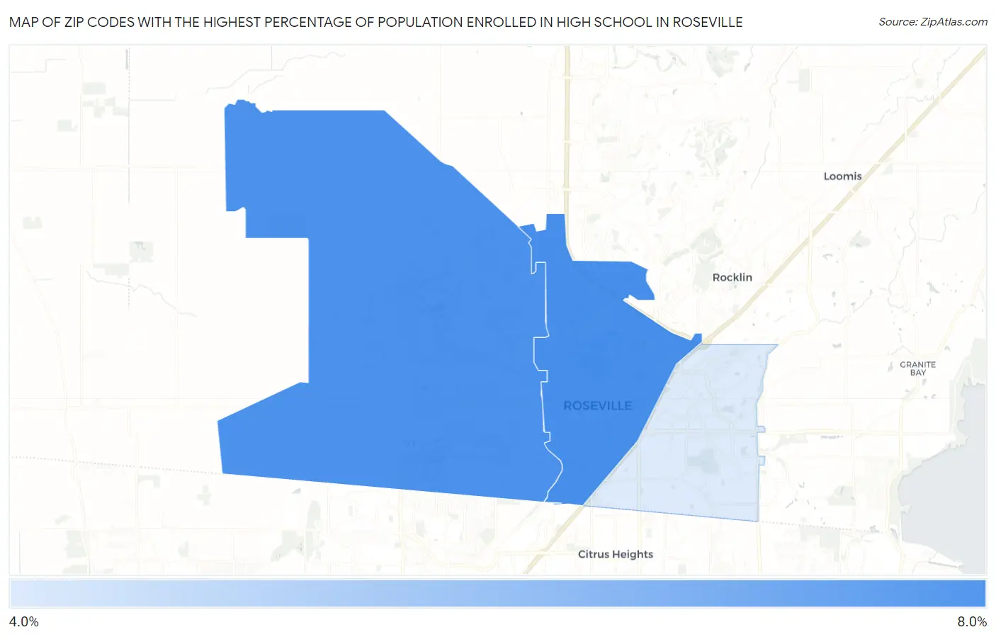 Zip Codes with the Highest Percentage of Population Enrolled in High School in Roseville Map
