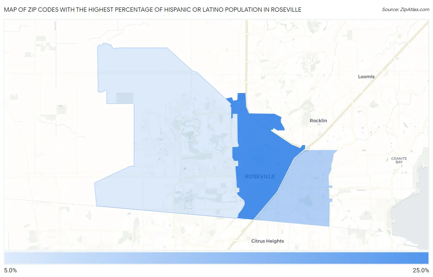Zip Codes with the Highest Percentage of Hispanic or Latino Population in Roseville Map