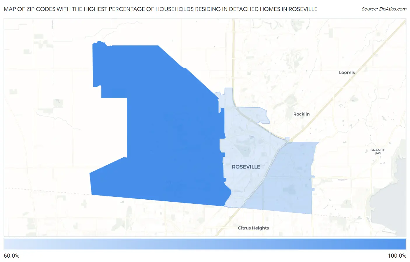 Zip Codes with the Highest Percentage of Households Residing in Detached Homes in Roseville Map