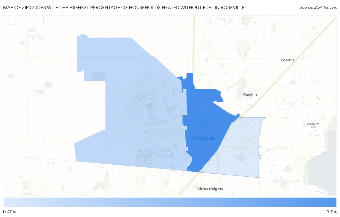 Zip Codes with the Highest Percentage of Households Heated without Fuel in Roseville Map