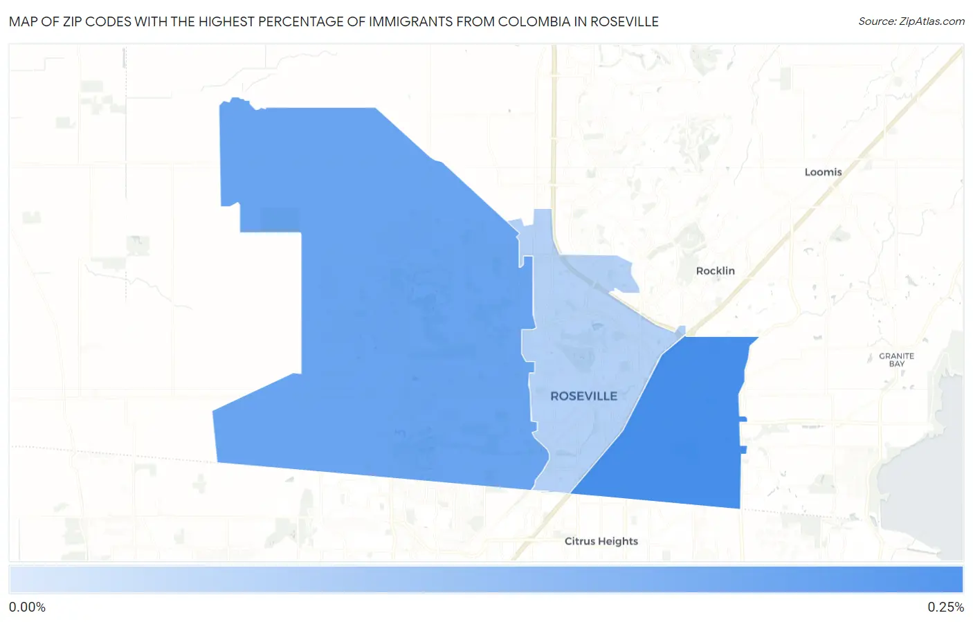 Zip Codes with the Highest Percentage of Immigrants from Colombia in Roseville Map