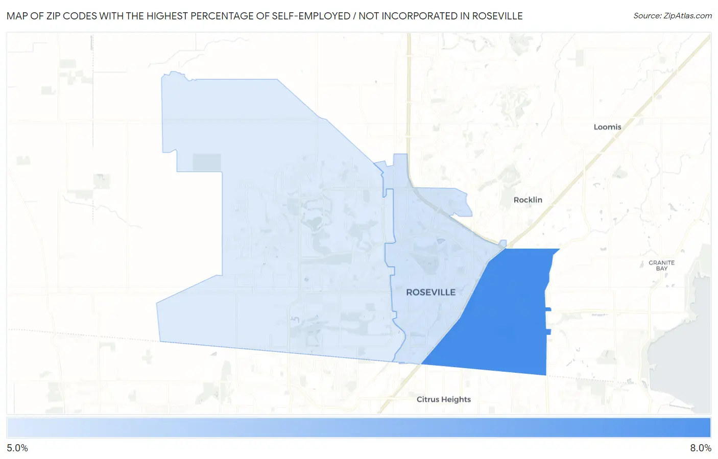 Zip Codes with the Highest Percentage of Self-Employed / Not Incorporated in Roseville Map