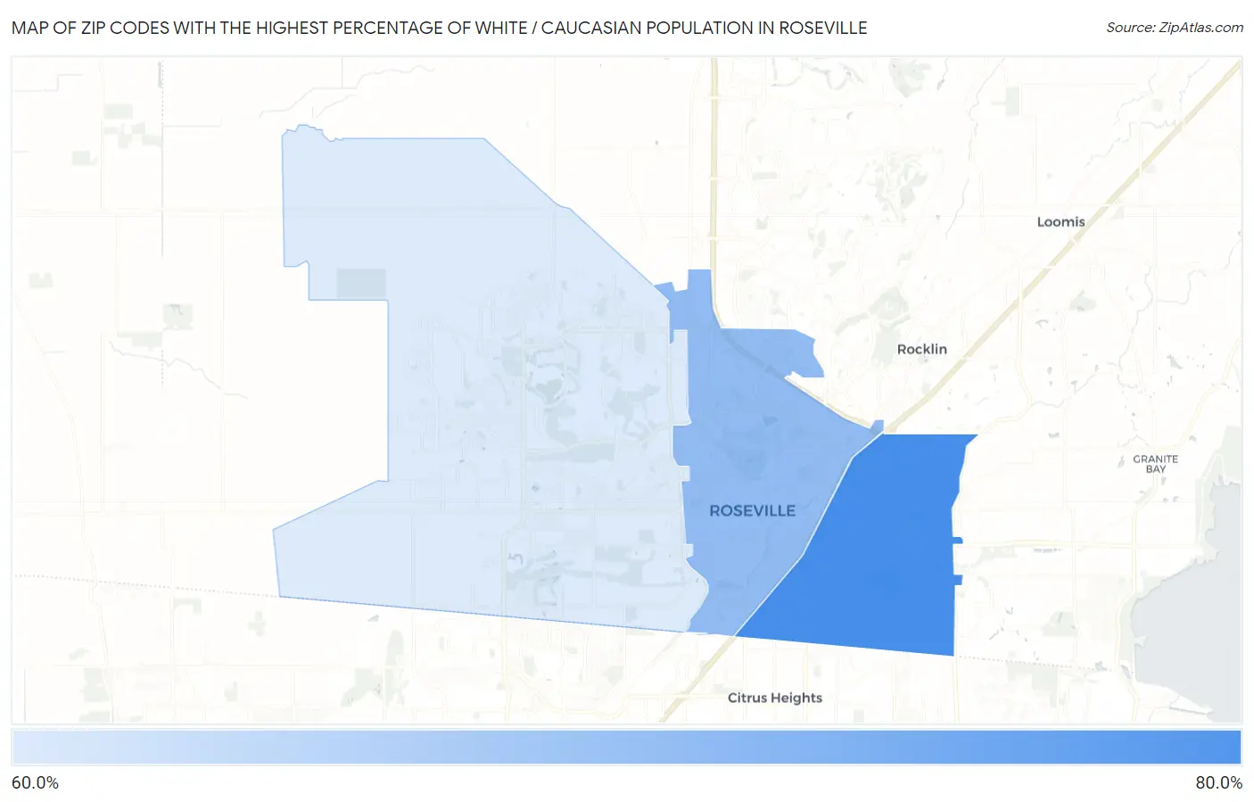 Zip Codes with the Highest Percentage of White / Caucasian Population in Roseville Map