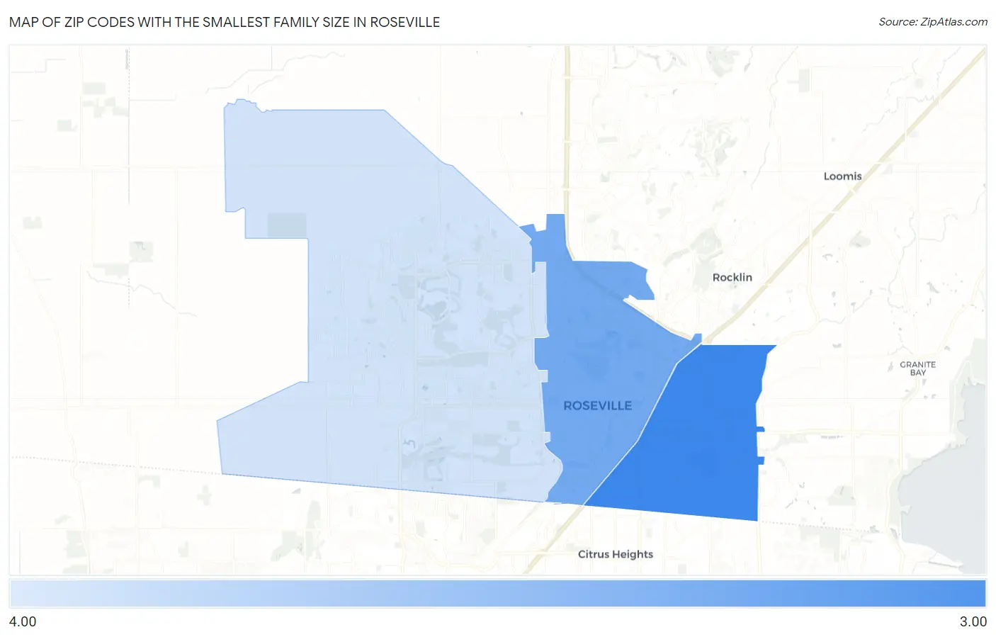 Zip Codes with the Smallest Family Size in Roseville Map