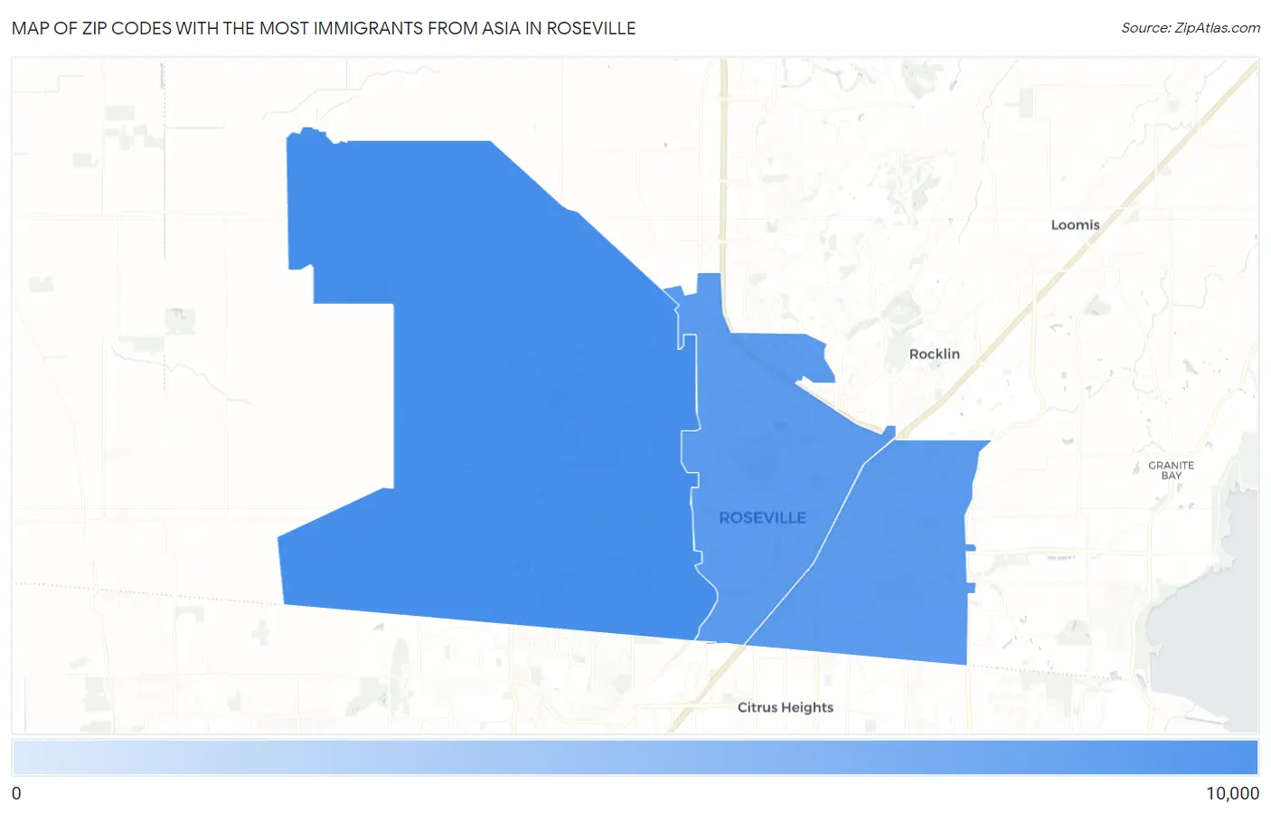 Zip Codes with the Most Immigrants from Asia in Roseville Map