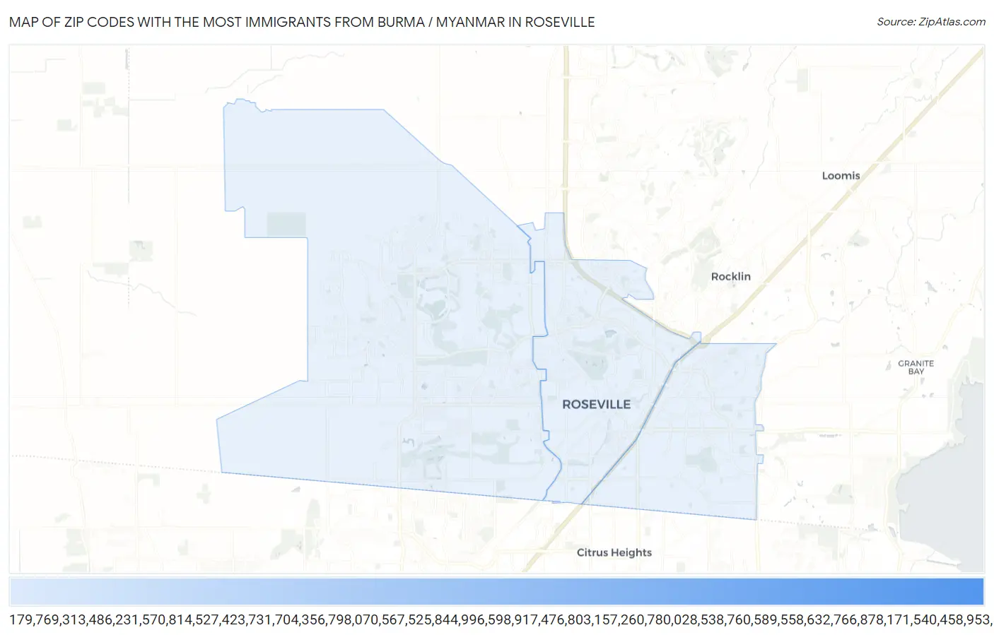 Zip Codes with the Most Immigrants from Burma / Myanmar in Roseville Map
