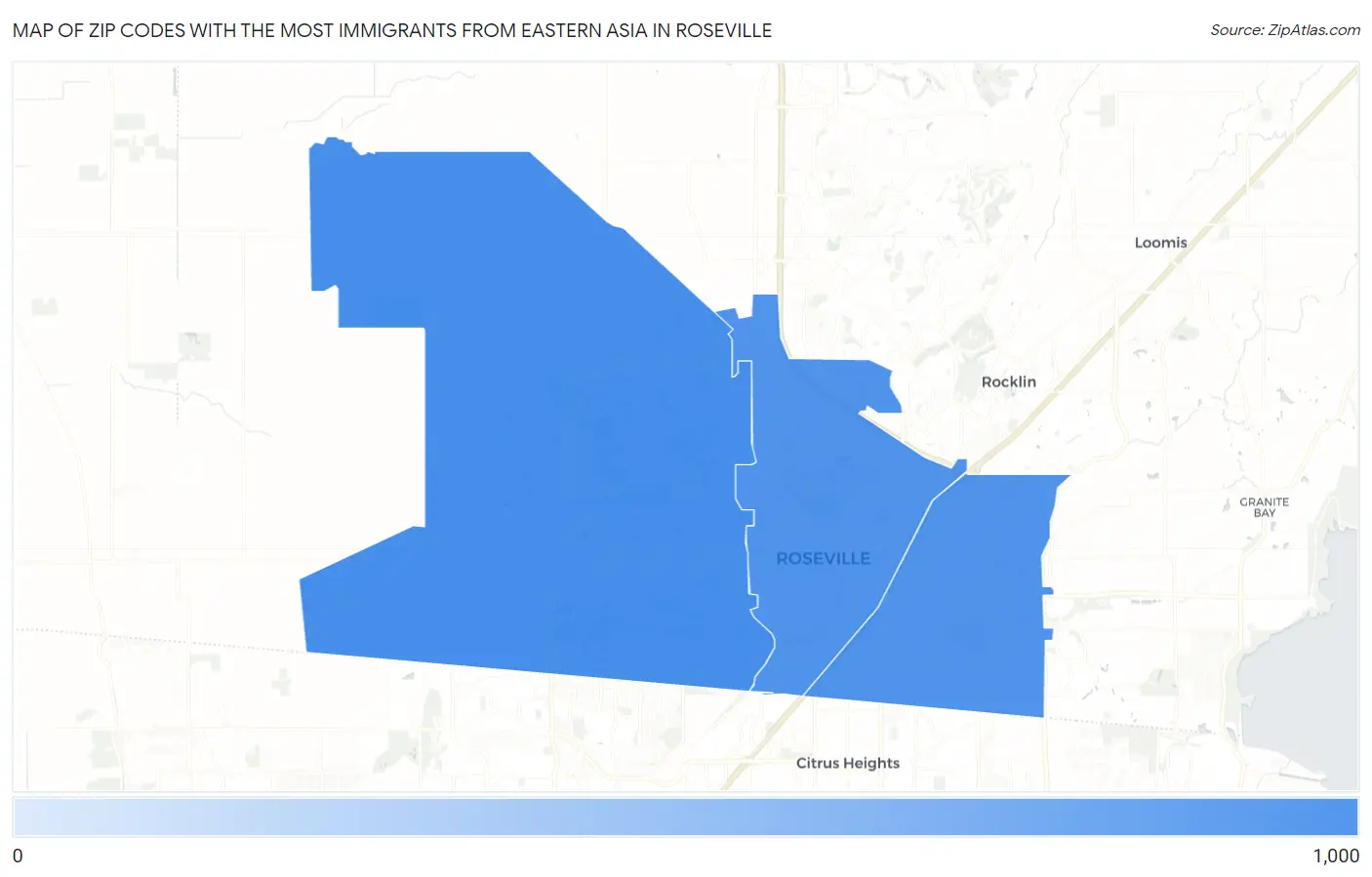 Zip Codes with the Most Immigrants from Eastern Asia in Roseville Map