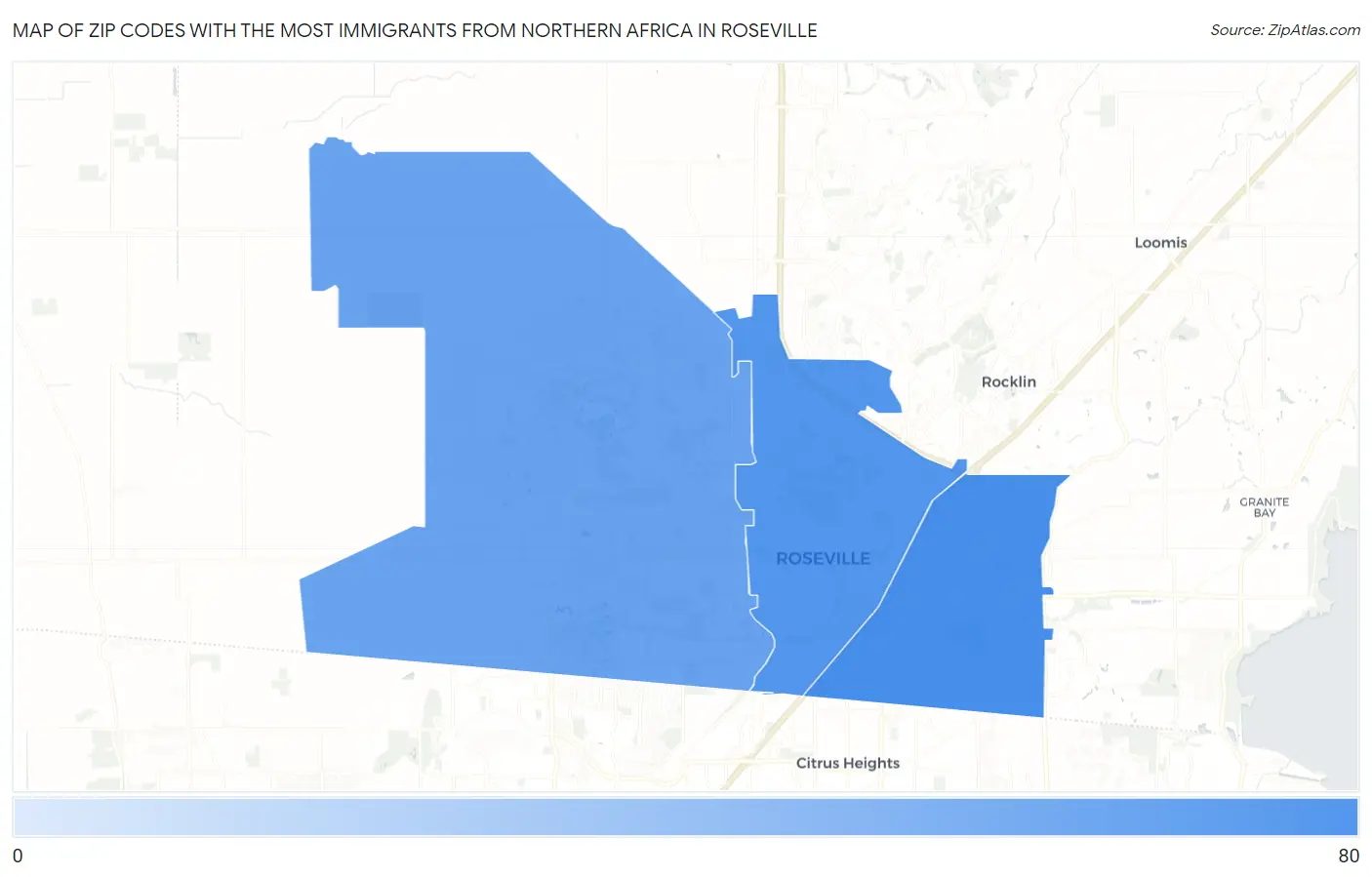 Zip Codes with the Most Immigrants from Northern Africa in Roseville Map