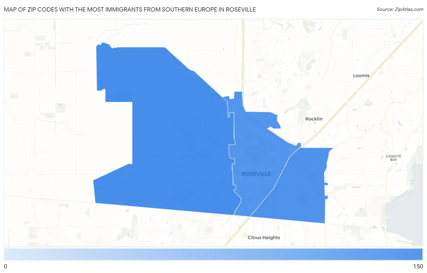 Zip Codes with the Most Immigrants from Southern Europe in Roseville Map