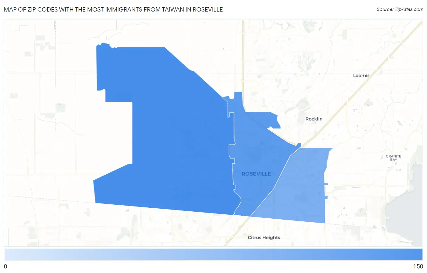 Zip Codes with the Most Immigrants from Taiwan in Roseville Map