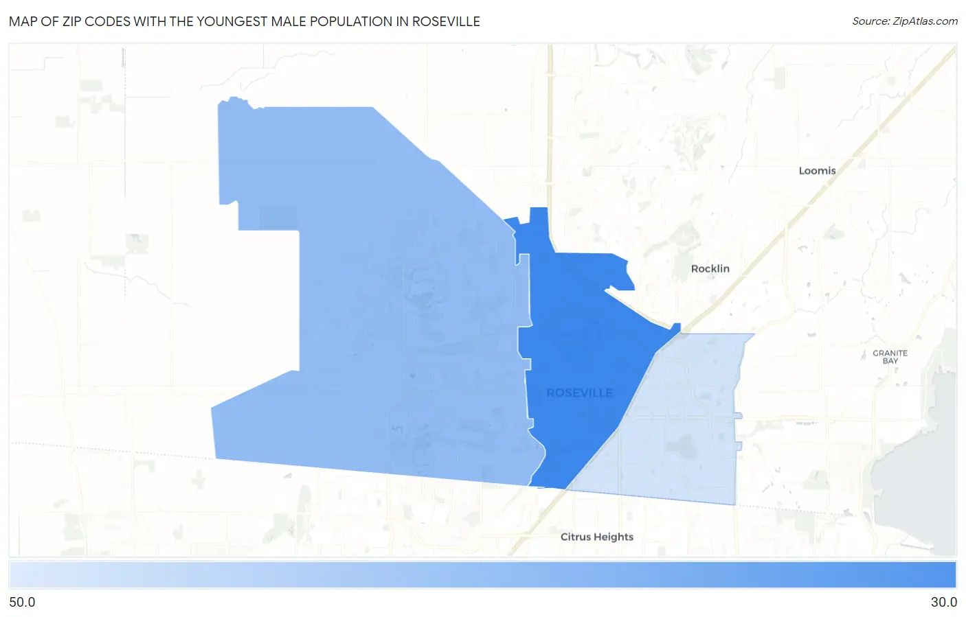 Zip Codes with the Youngest Male Population in Roseville Map