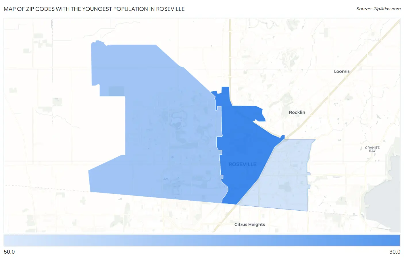 Zip Codes with the Youngest Population in Roseville Map