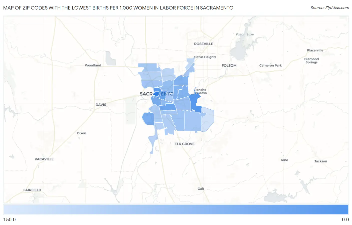 Zip Codes with the Lowest Births per 1,000 Women in Labor Force in Sacramento Map