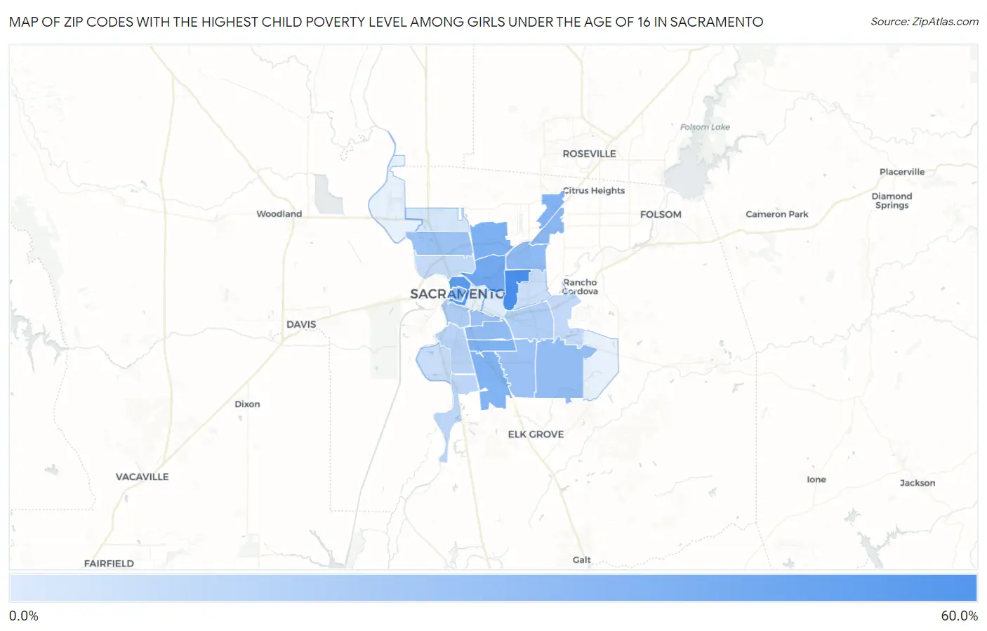 Zip Codes with the Highest Child Poverty Level Among Girls Under the Age of 16 in Sacramento Map