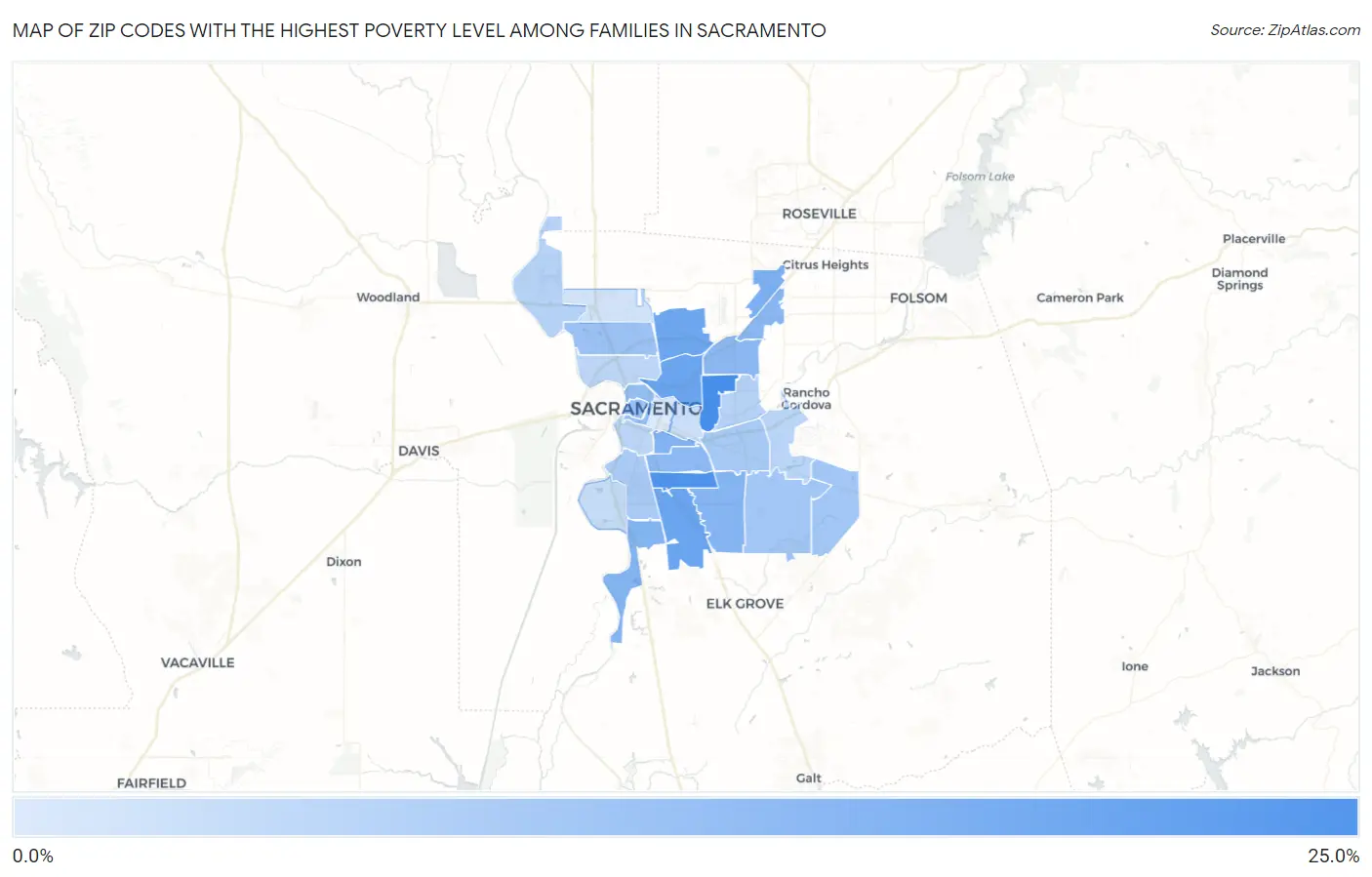 Zip Codes with the Highest Poverty Level Among Families in Sacramento Map