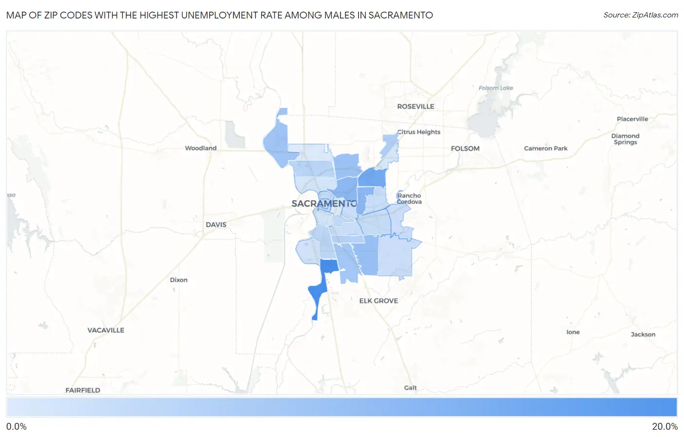 Zip Codes with the Highest Unemployment Rate Among Males in Sacramento Map