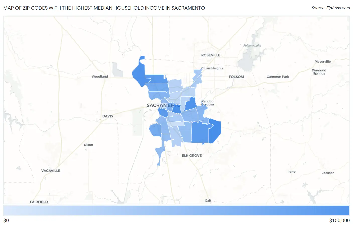 Zip Codes with the Highest Median Household Income in Sacramento Map