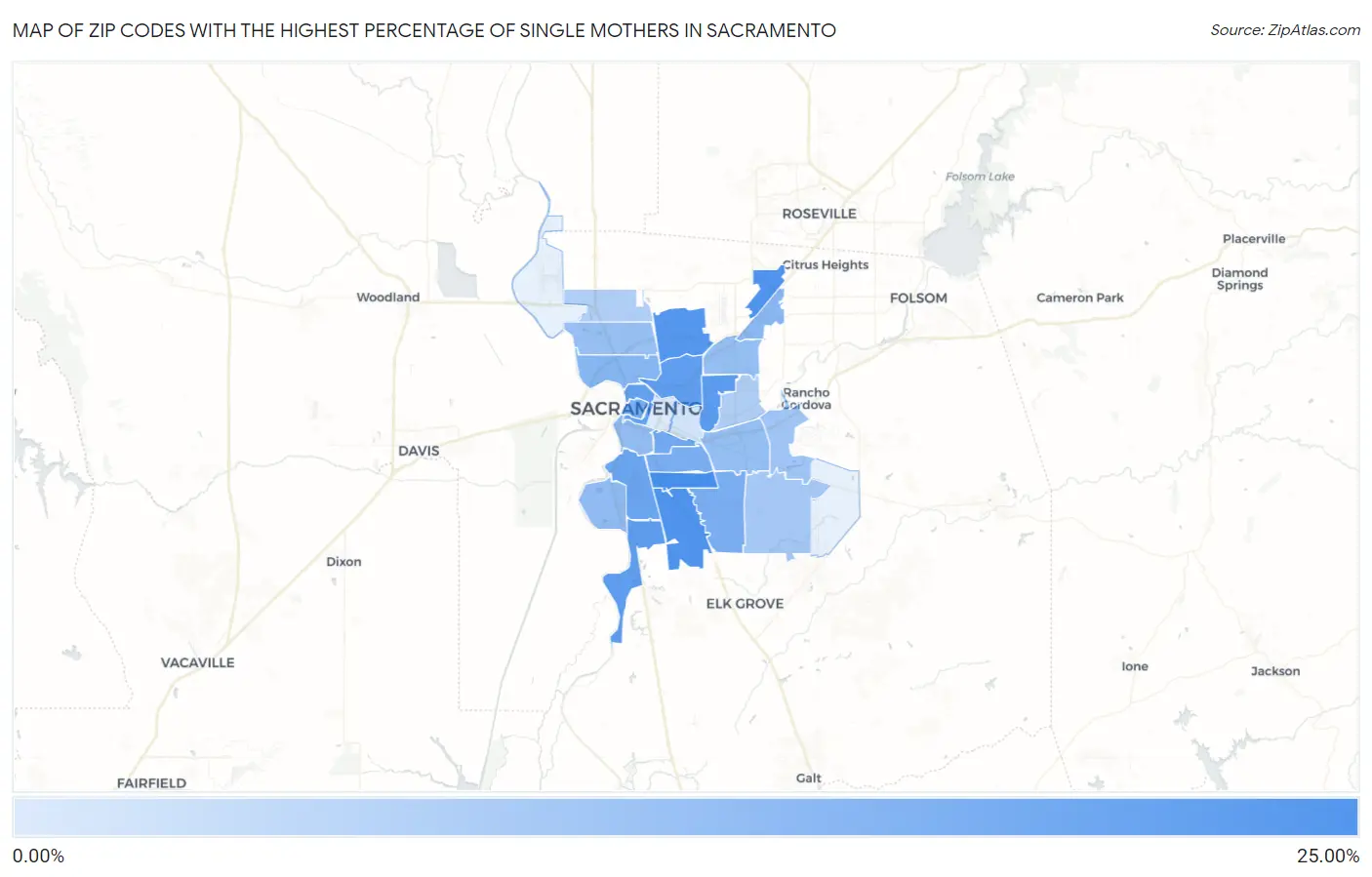 Zip Codes with the Highest Percentage of Single Mothers in Sacramento Map