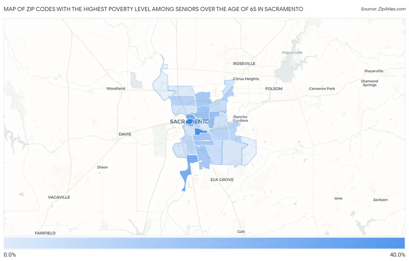 Zip Codes with the Highest Poverty Level Among Seniors Over the Age of 65 in Sacramento Map