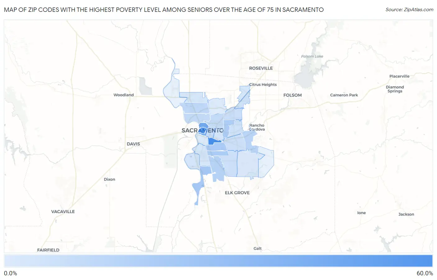 Zip Codes with the Highest Poverty Level Among Seniors Over the Age of 75 in Sacramento Map