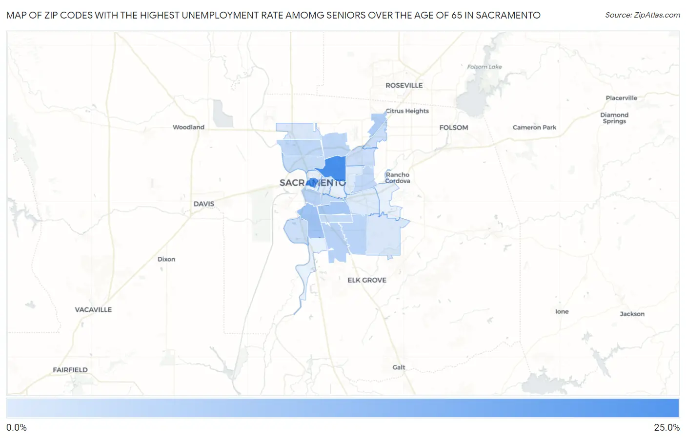 Zip Codes with the Highest Unemployment Rate Amomg Seniors Over the Age of 65 in Sacramento Map
