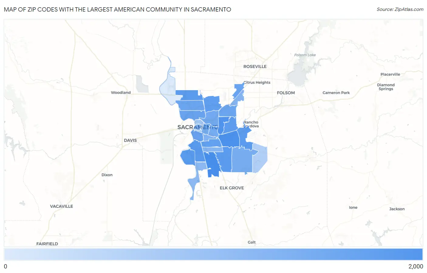 Zip Codes with the Largest American Community in Sacramento Map