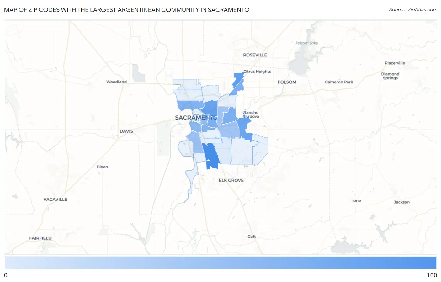 Zip Codes with the Largest Argentinean Community in Sacramento Map