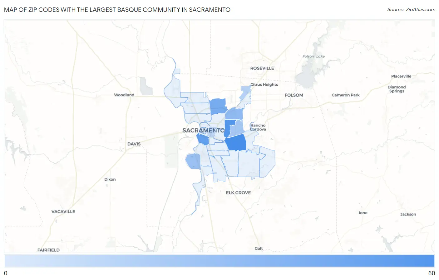 Zip Codes with the Largest Basque Community in Sacramento Map