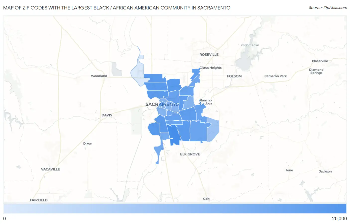 Zip Codes with the Largest Black / African American Community in Sacramento Map