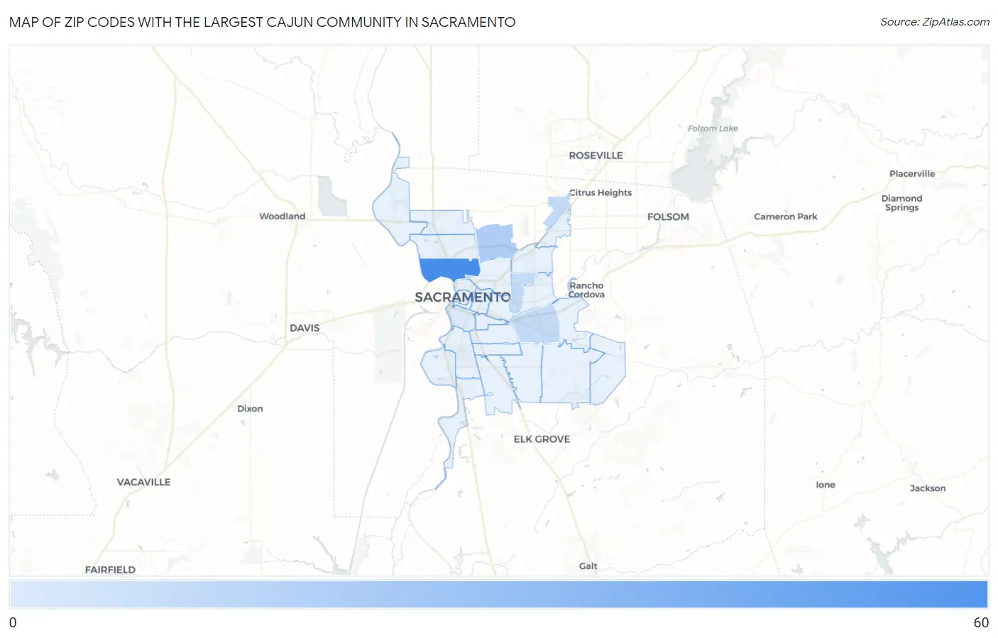 Zip Codes with the Largest Cajun Community in Sacramento Map
