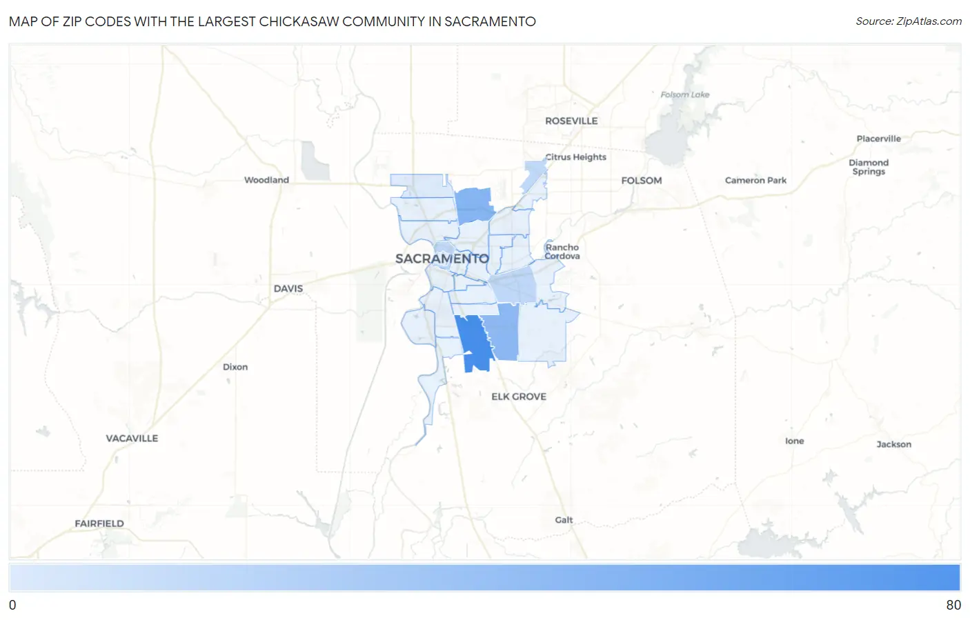 Zip Codes with the Largest Chickasaw Community in Sacramento Map