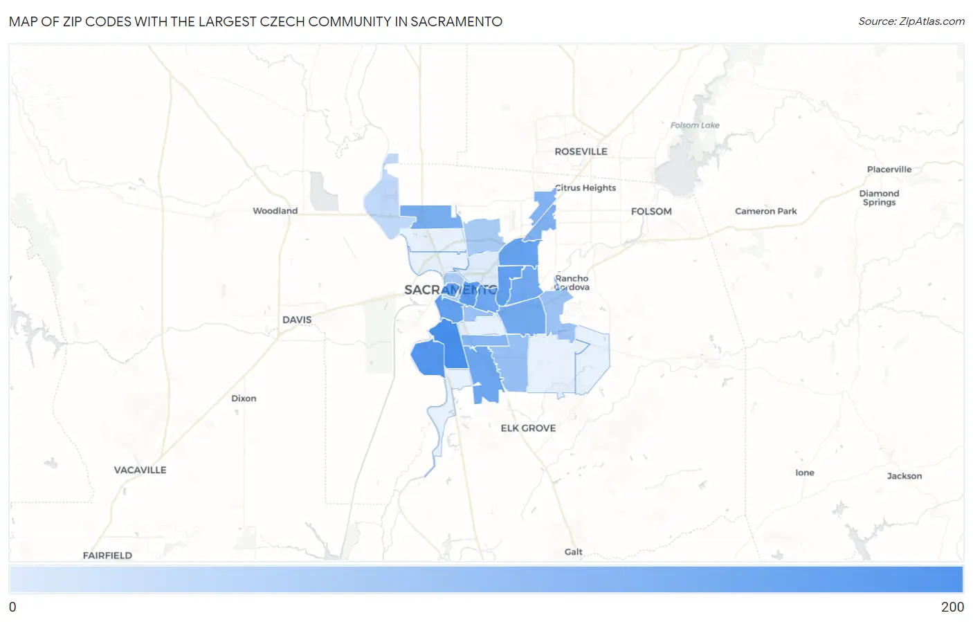 Zip Codes with the Largest Czech Community in Sacramento Map