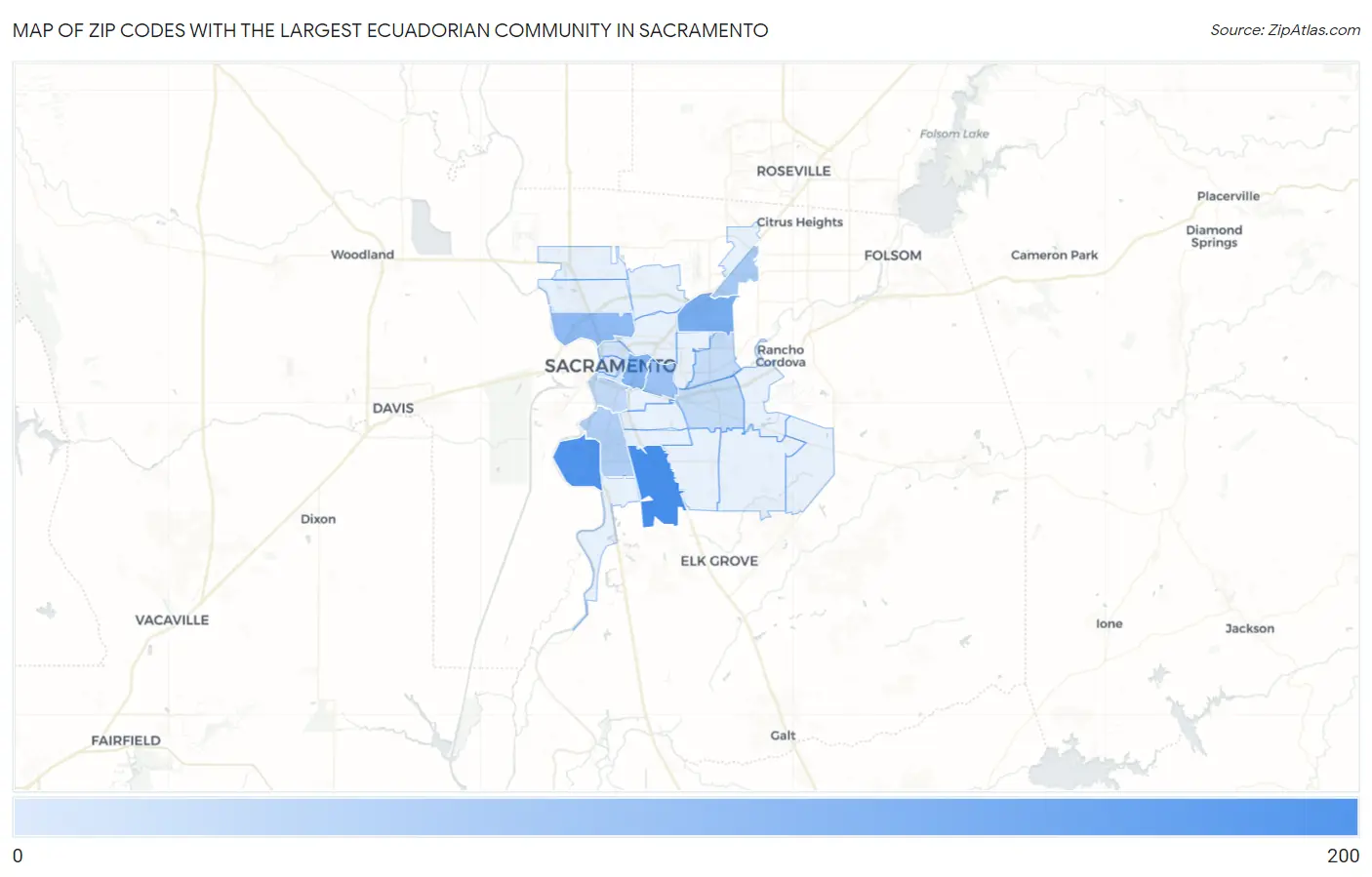 Zip Codes with the Largest Ecuadorian Community in Sacramento Map