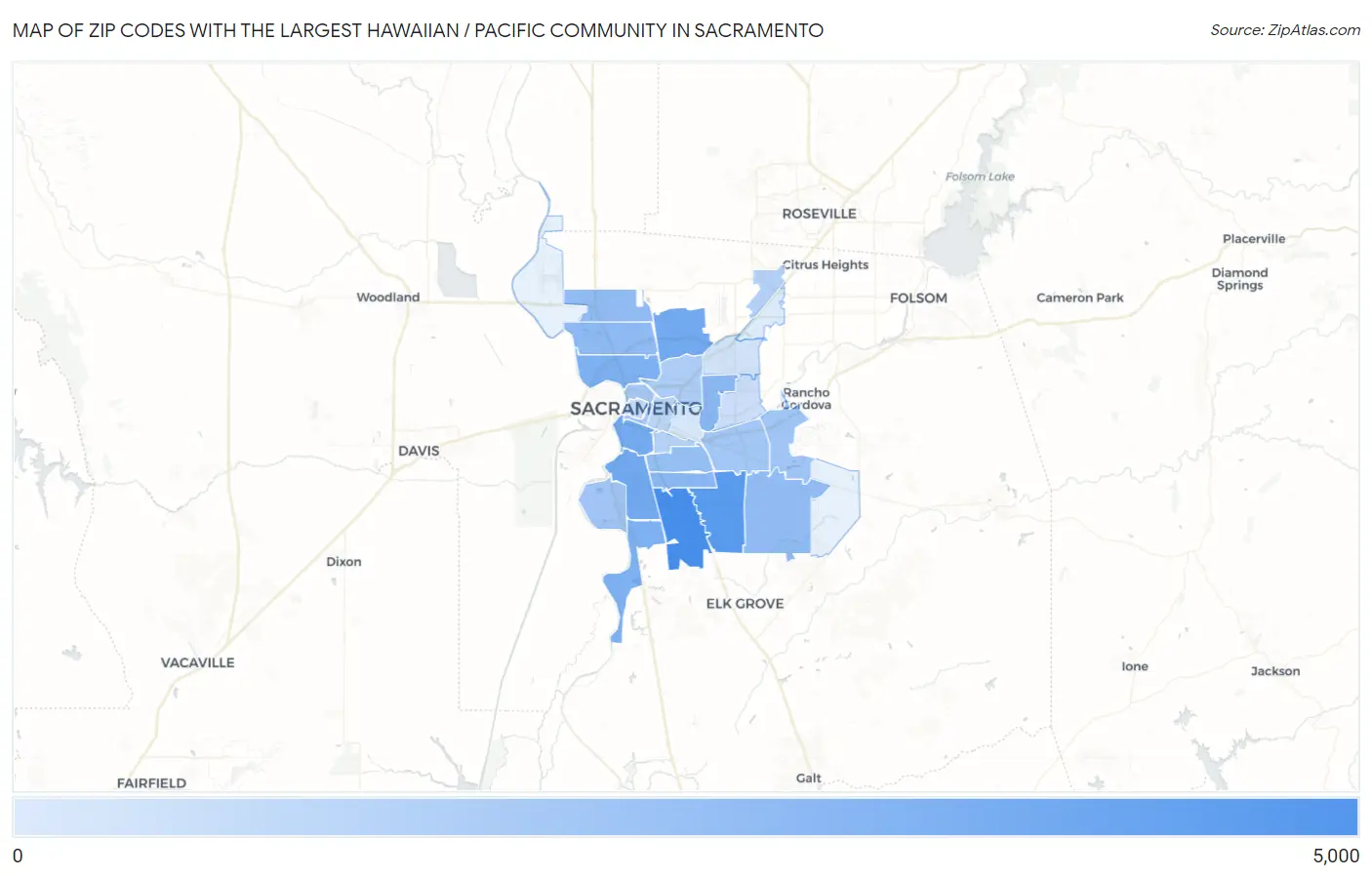 Zip Codes with the Largest Hawaiian / Pacific Community in Sacramento Map